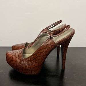 Brown crocodile embossed pointed high heel pumps with open ankle strap
